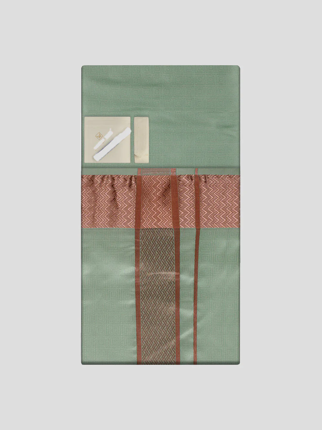 Men's Premium Art Silk Pista Shirt Bit with 2 1/2" Copper Jari Border Dhoti Towel Combo Sieger - Image 3