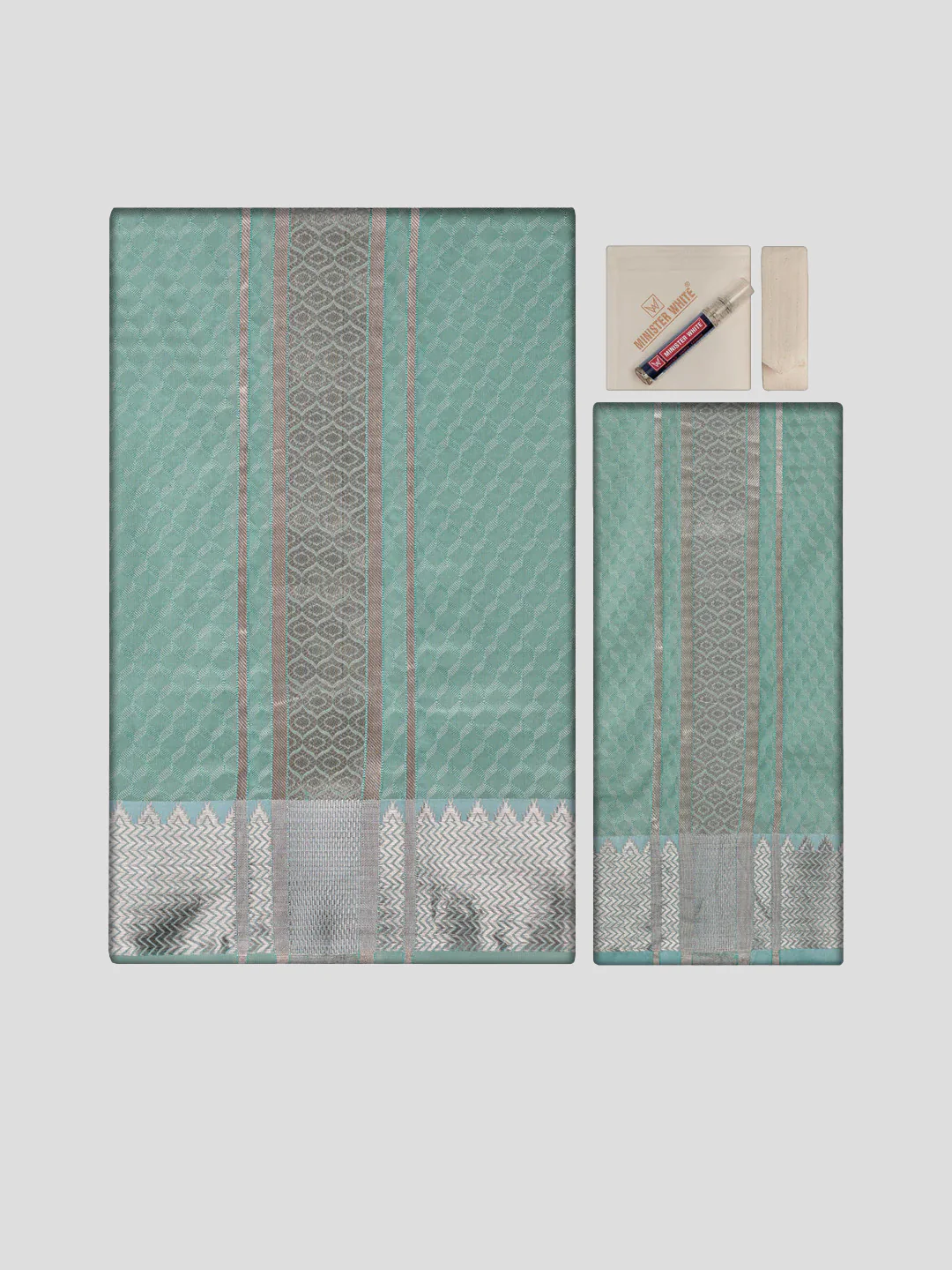 Men's Premium Art Silk Sea Green Shirt Bit with 2 1/2" Copper Jari Border Dhoti Combo Sieger