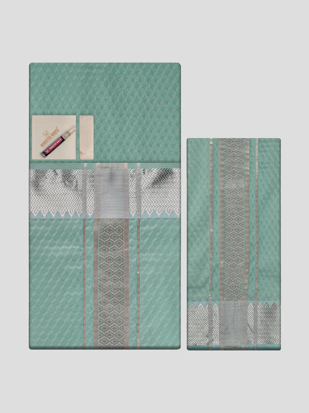 Men's Premium Art Silk Sea Green Shirt Bit with 2 1/2" Copper Jari Border Dhoti Towel Combo Sieger - Image 2