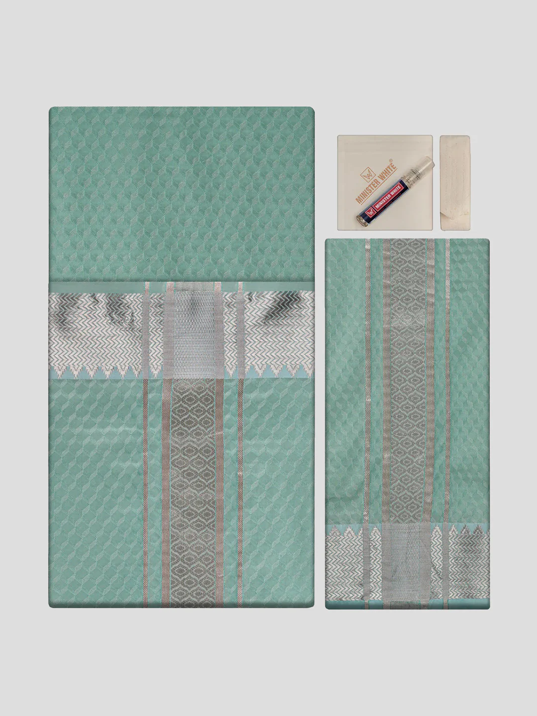 Men's Premium Art Silk Sea Green Shirt Bit with 2 1/2" Copper Jari Border Dhoti Towel Combo Sieger - Image 3