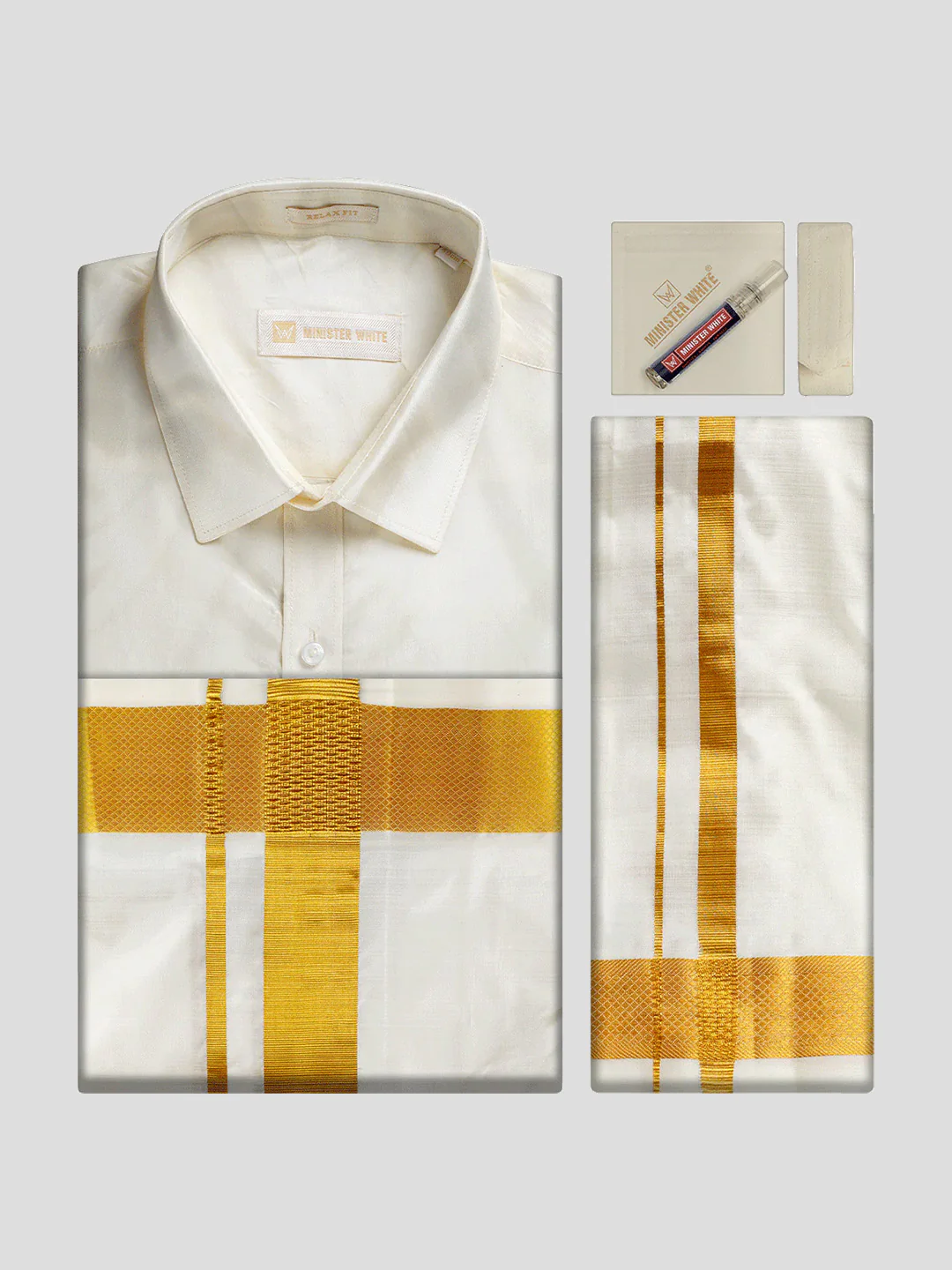Men's Pure Silk Wedding Cream Shirt, Dhoti, Nerial with Belt Combo - Nesam 100K