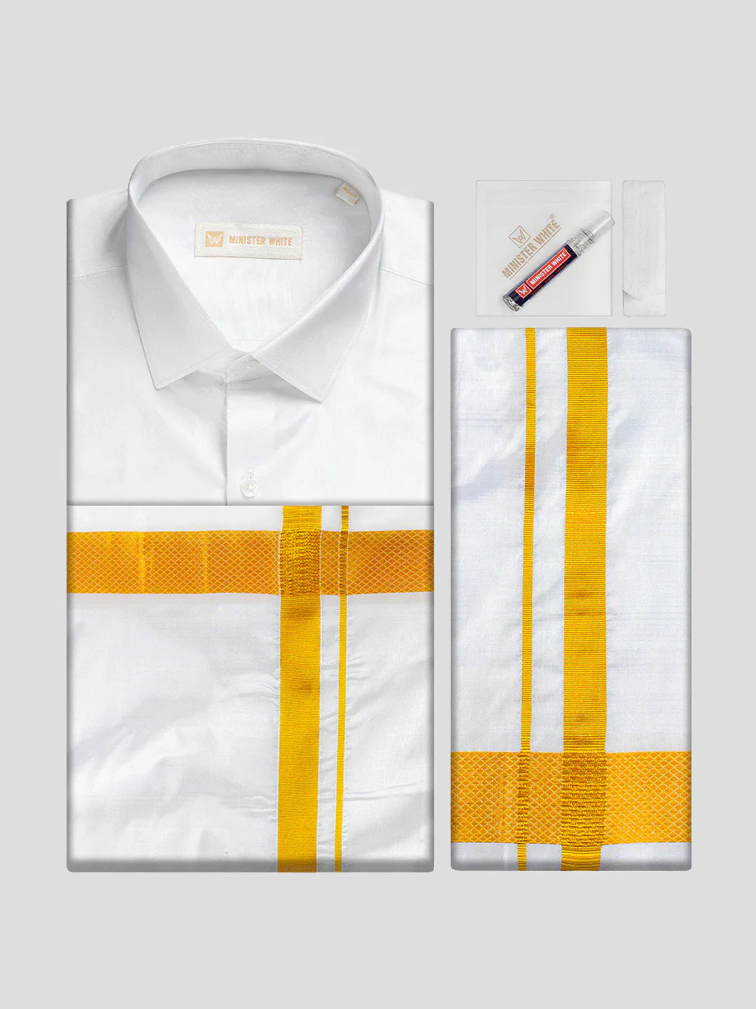 Men's Pure Silk Wedding White Shirt, Dhoti, Nerial with Belt Combo - Nesam 80K