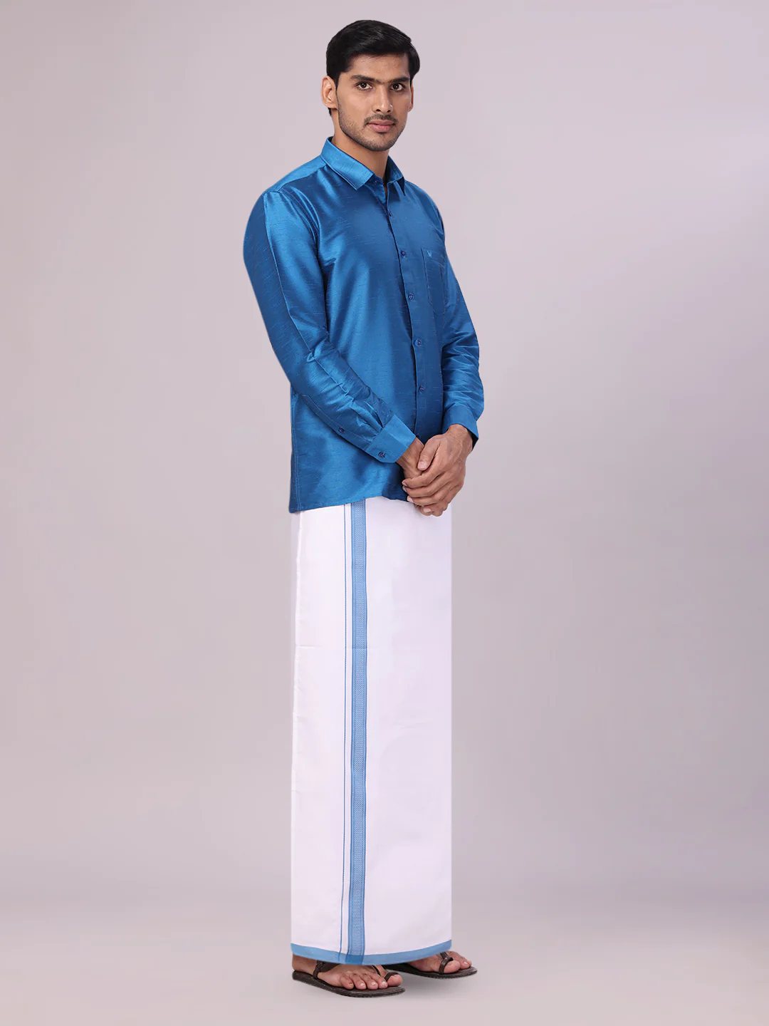 Men's Ramar Blue Dupion Satin Color Shirt with Matching Border Flexi Dhoti Combo Gora Flexi - Image 4