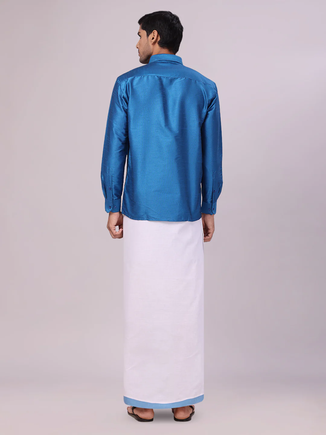 Men's Ramar Blue Dupion Satin Color Shirt with Matching Border Flexi Dhoti Combo Gora Flexi - Image 5