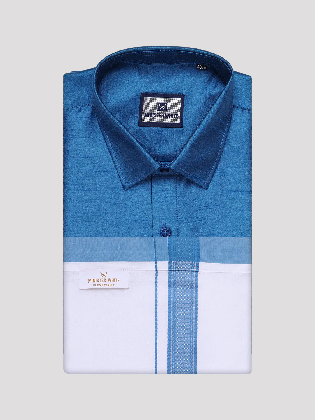 Men's Ramar Blue Dupion Satin Color Shirt with Matching Border Flexi Dhoti Combo Gora Flexi - Image 7