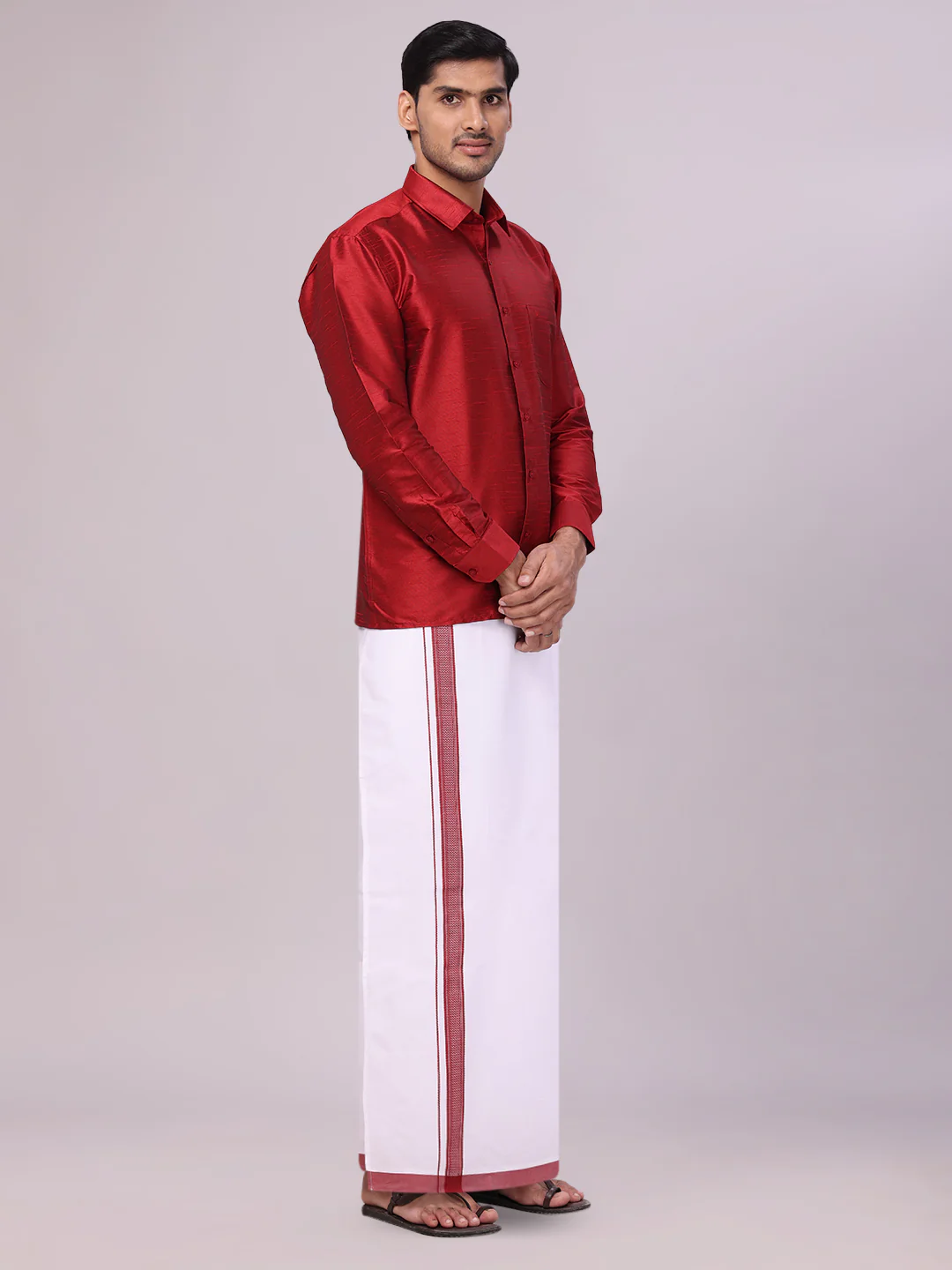 Men's Red Dupion Satin Color Shirt with Matching Border Flexi Dhoti Combo Gora Flexi - Image 3