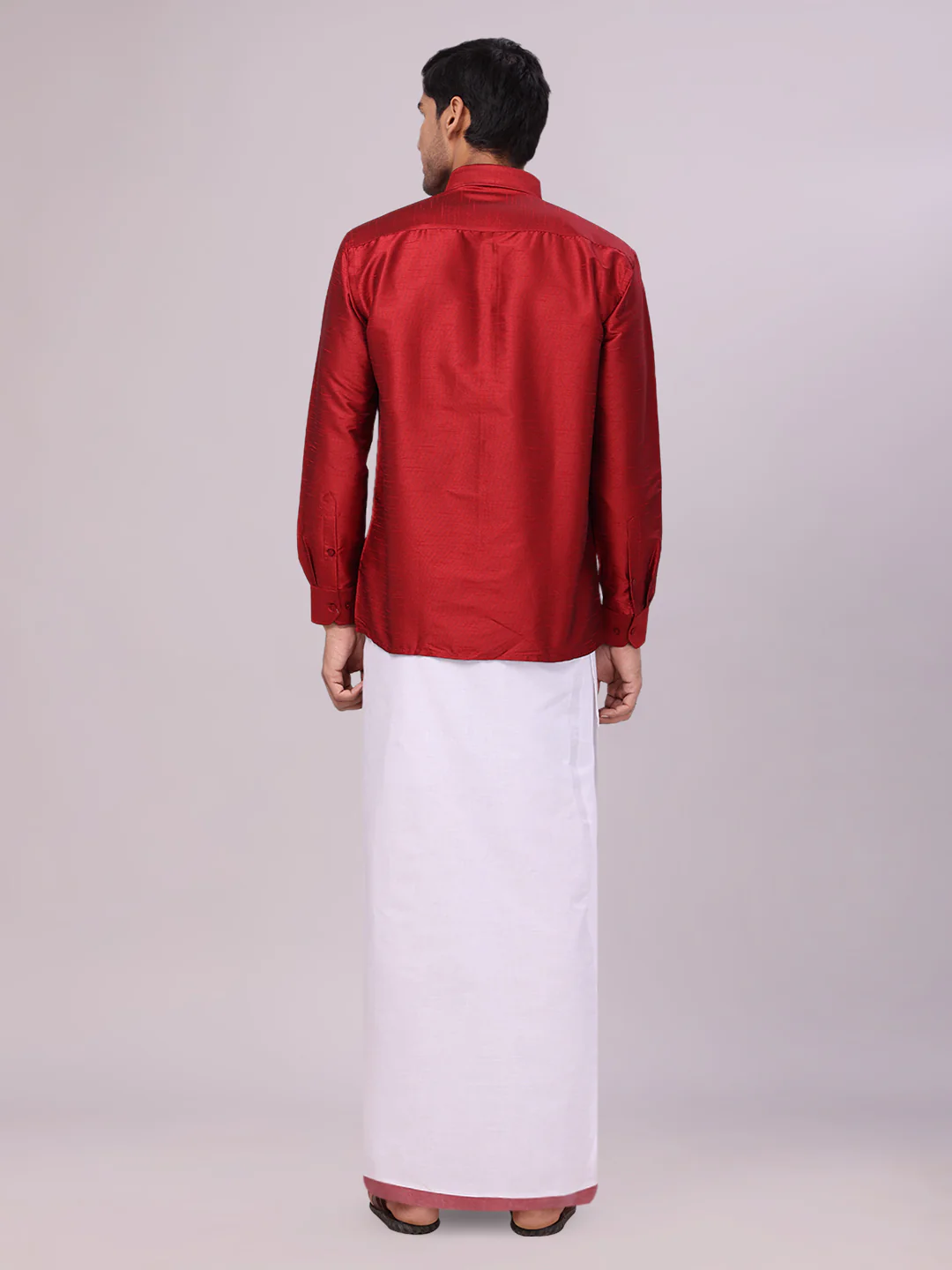 Men's Red Dupion Satin Color Shirt with Matching Border Flexi Dhoti Combo Gora Flexi - Image 5