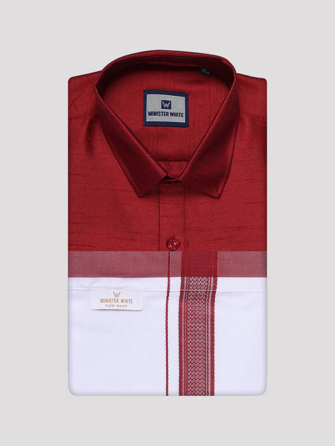 Men's Red Dupion Satin Color Shirt with Matching Border Flexi Dhoti Combo Gora Flexi - Image 7