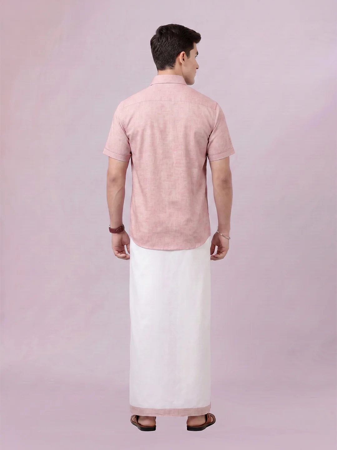 Men's Rose Color Digital Printed Shirt with Matching Printed Border Dhoti Combo Varnam - Image 3
