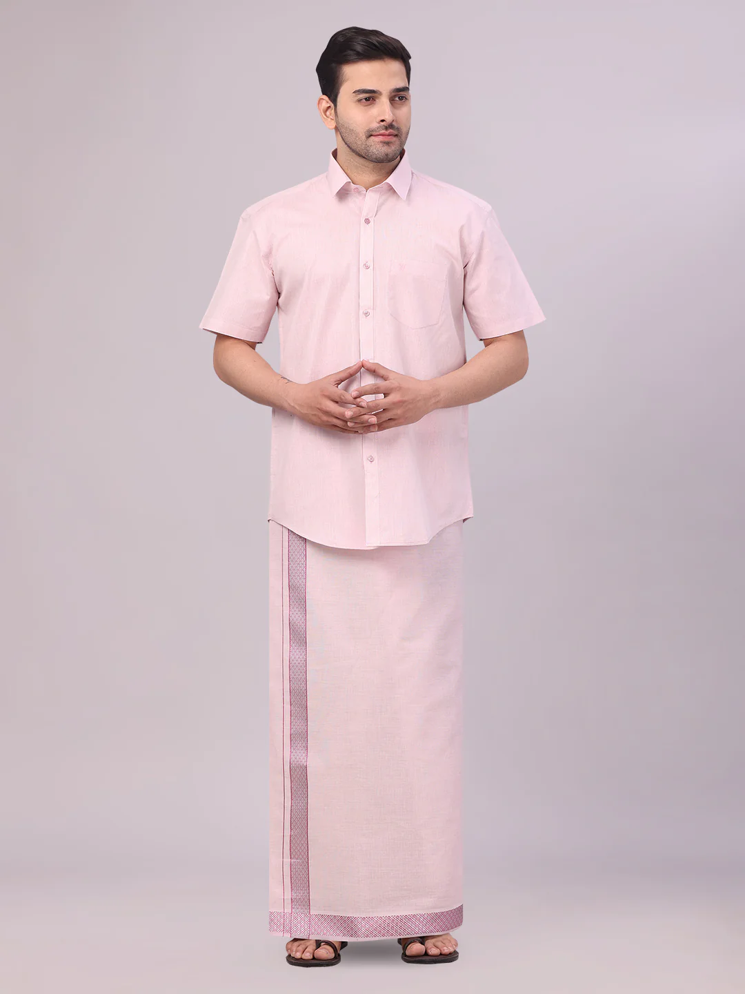 Men's Rose Tissue Shirt and Dhoti Set with Intricate Jacquard Border Plum