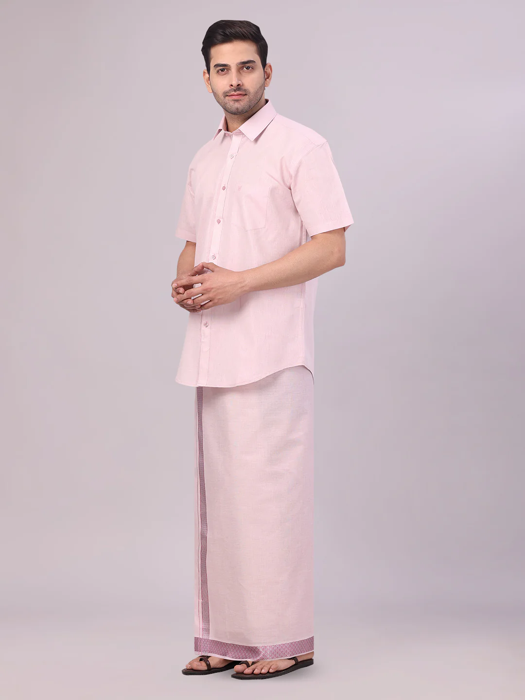 Men's Rose Tissue Shirt and Dhoti Set with Intricate Jacquard Border Plum - Image 2