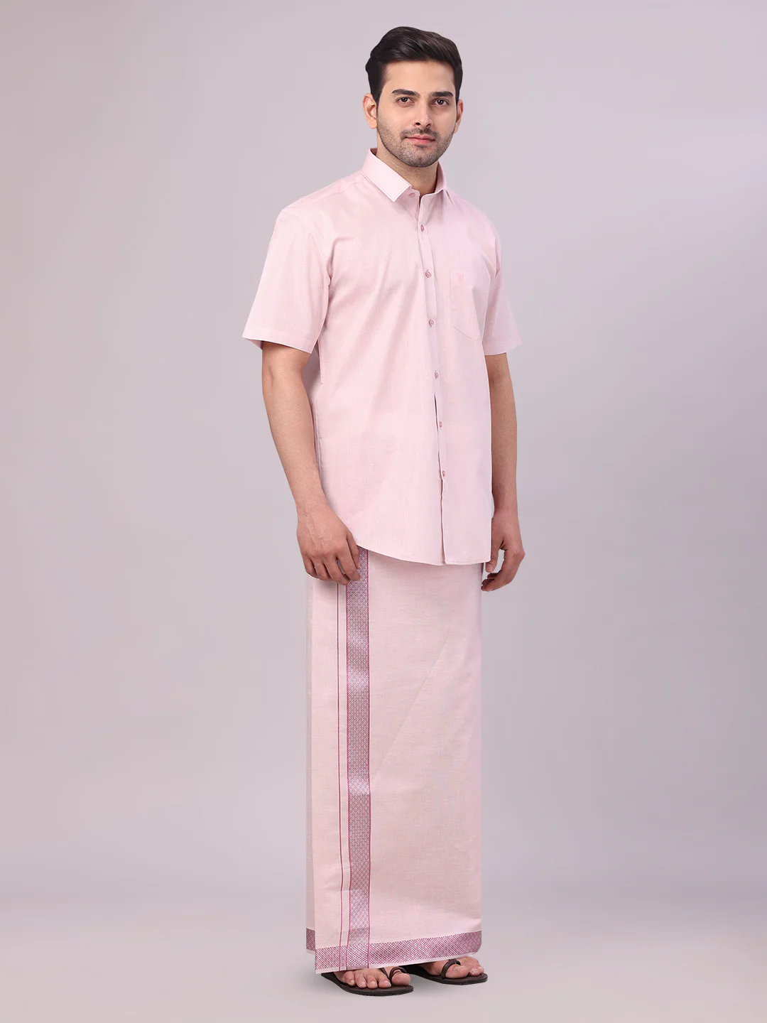 Men's Rose Tissue Shirt and Dhoti Set with Intricate Jacquard Border Plum - Image 3