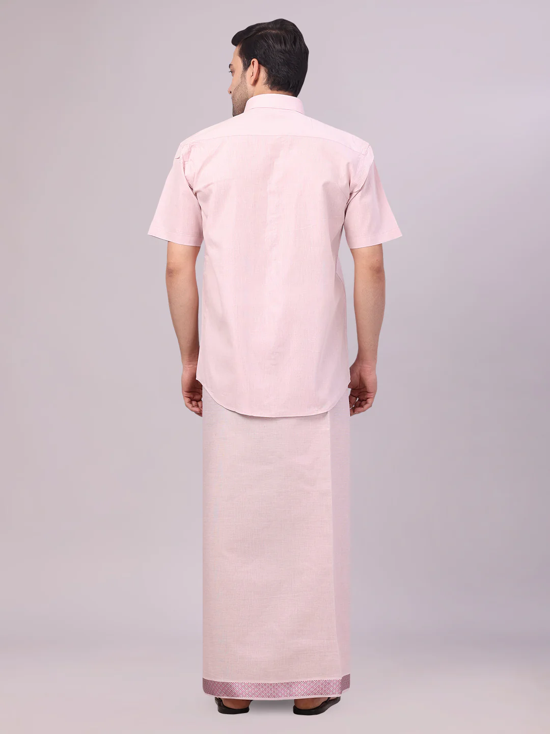 Men's Rose Tissue Shirt and Dhoti Set with Intricate Jacquard Border Plum - Image 4