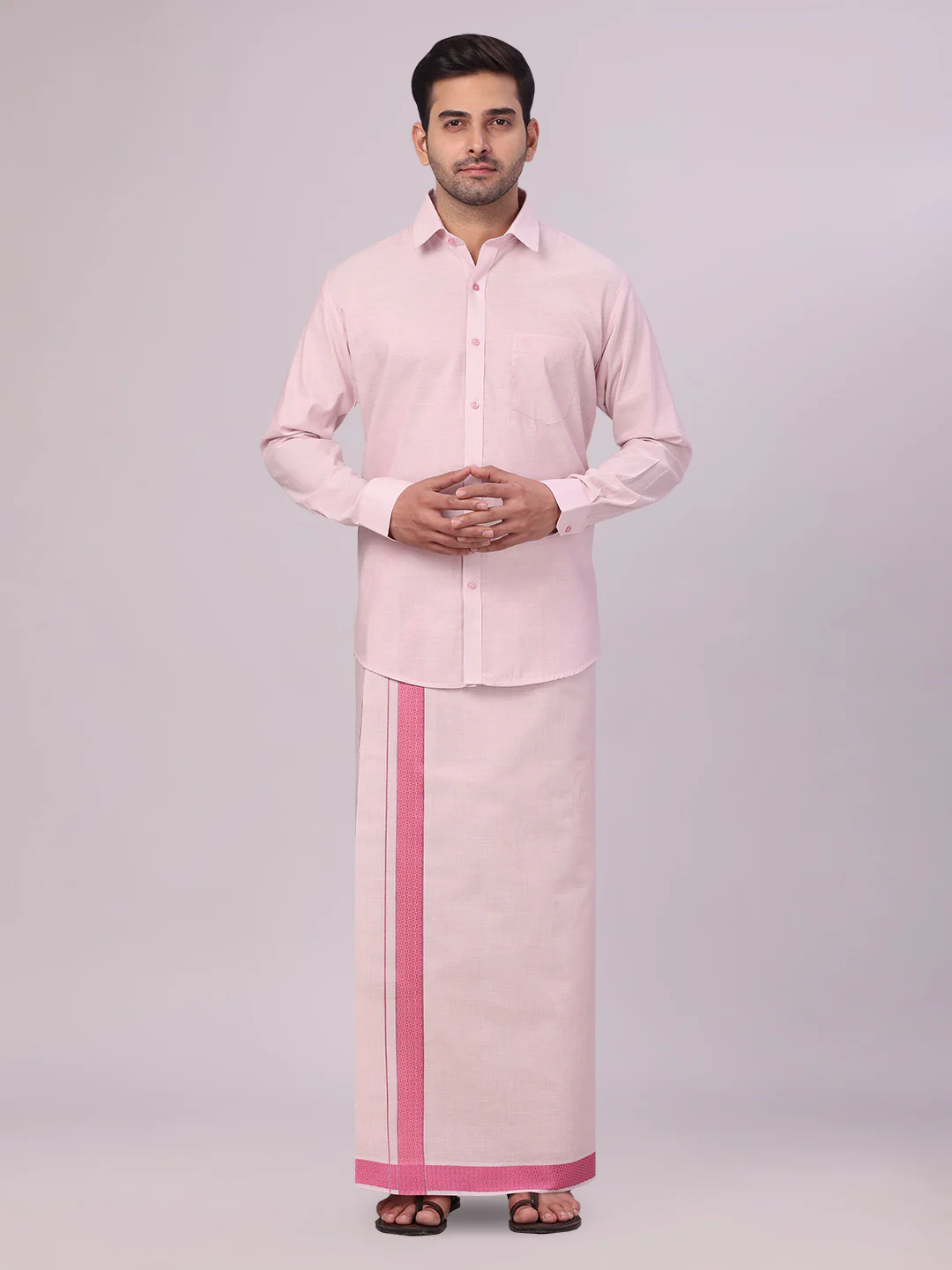 Men's Rose Tissue Stripe Shirt and Dhoti Combo with Jacquard Border Kane