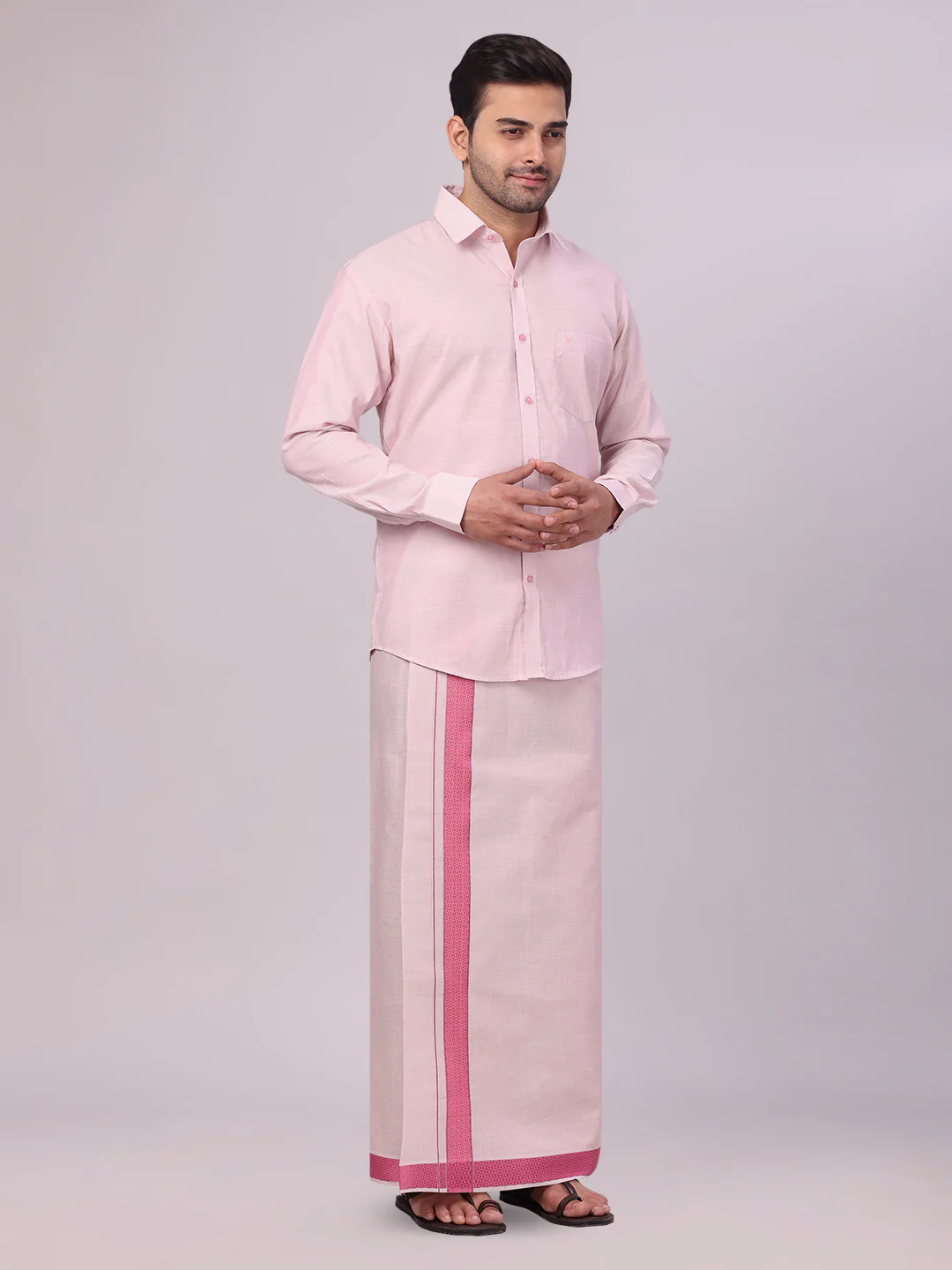 Men's Rose Tissue Stripe Shirt and Dhoti Combo with Jacquard Border Kane - Image 2
