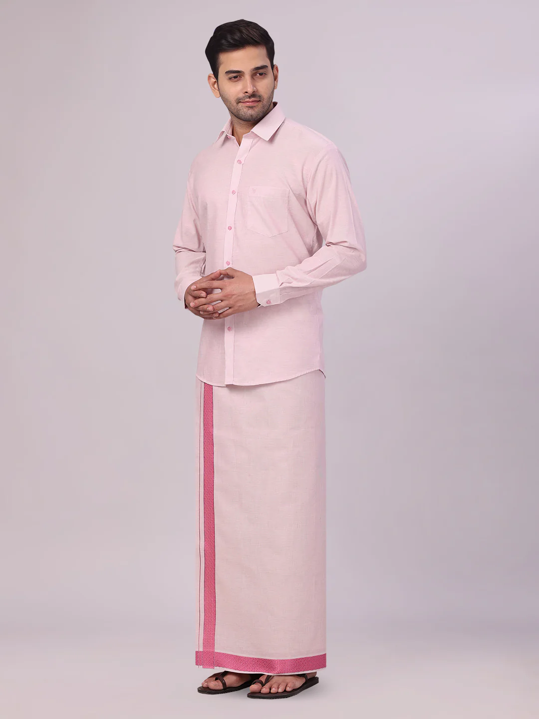 Men's Rose Tissue Stripe Shirt and Dhoti Combo with Jacquard Border Kane - Image 3