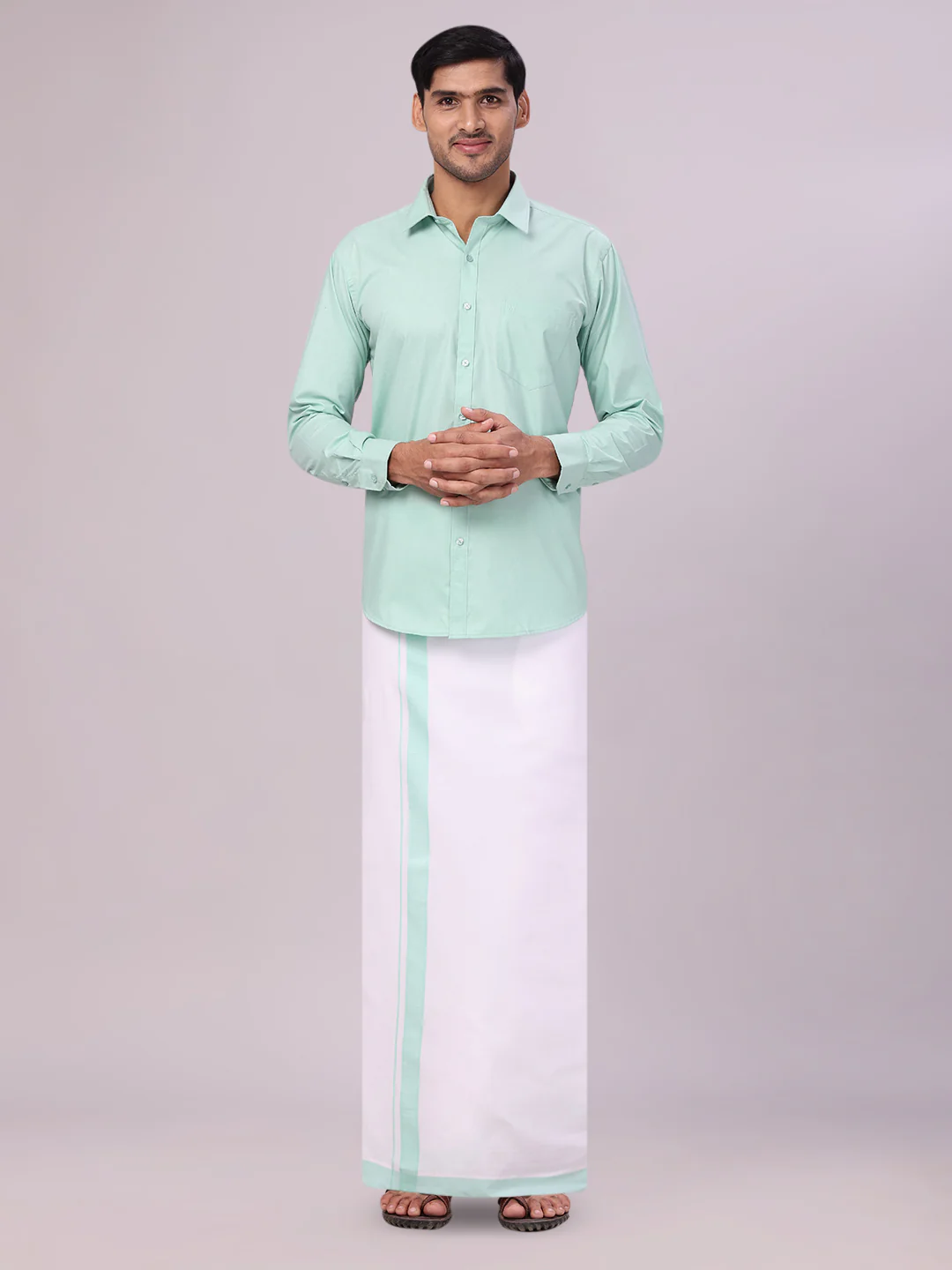 Men's See Green Shirt with Matching Border Flexi Dhoti Combo Casper Flexi