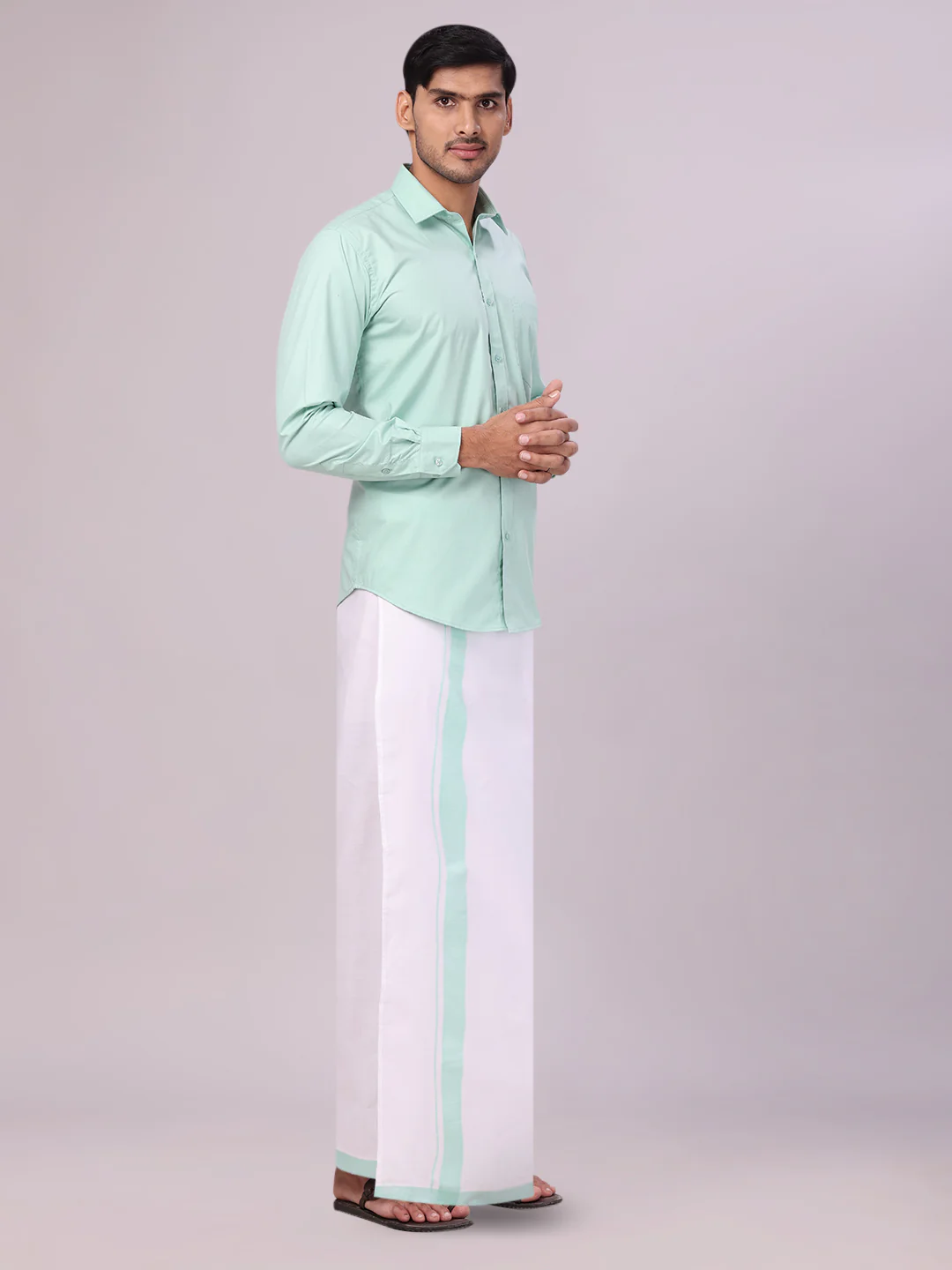Men's See Green Shirt with Matching Border Flexi Dhoti Combo Casper Flexi - Image 3