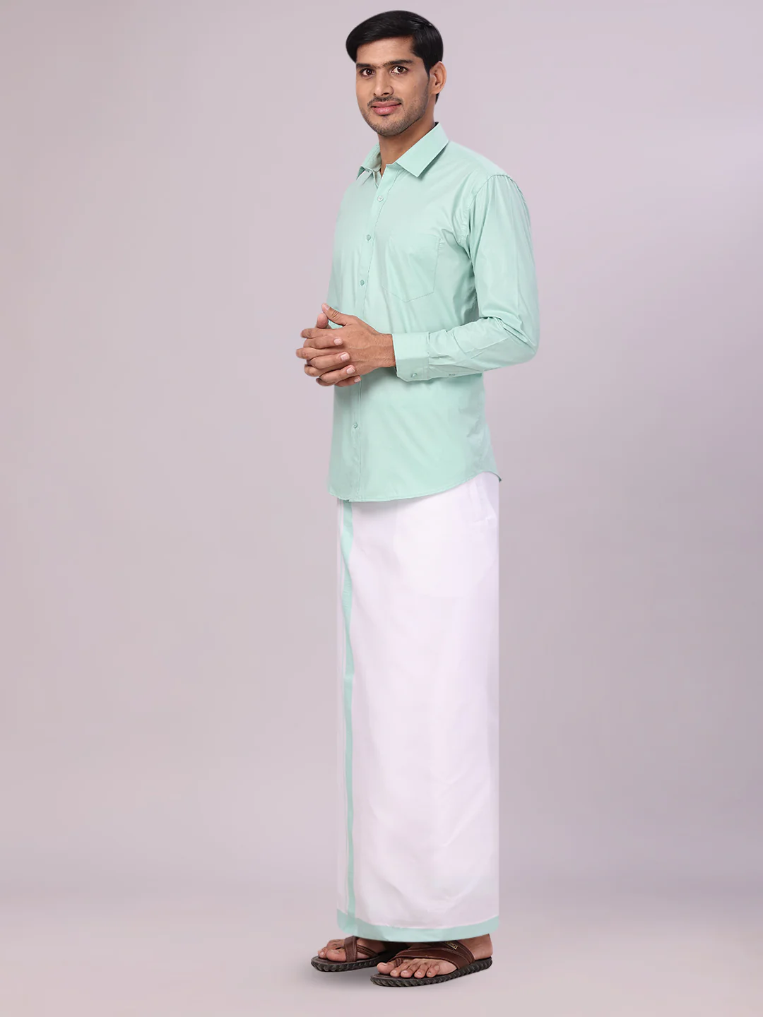 Men's See Green Shirt with Matching Border Flexi Dhoti Combo Casper Flexi - Image 4