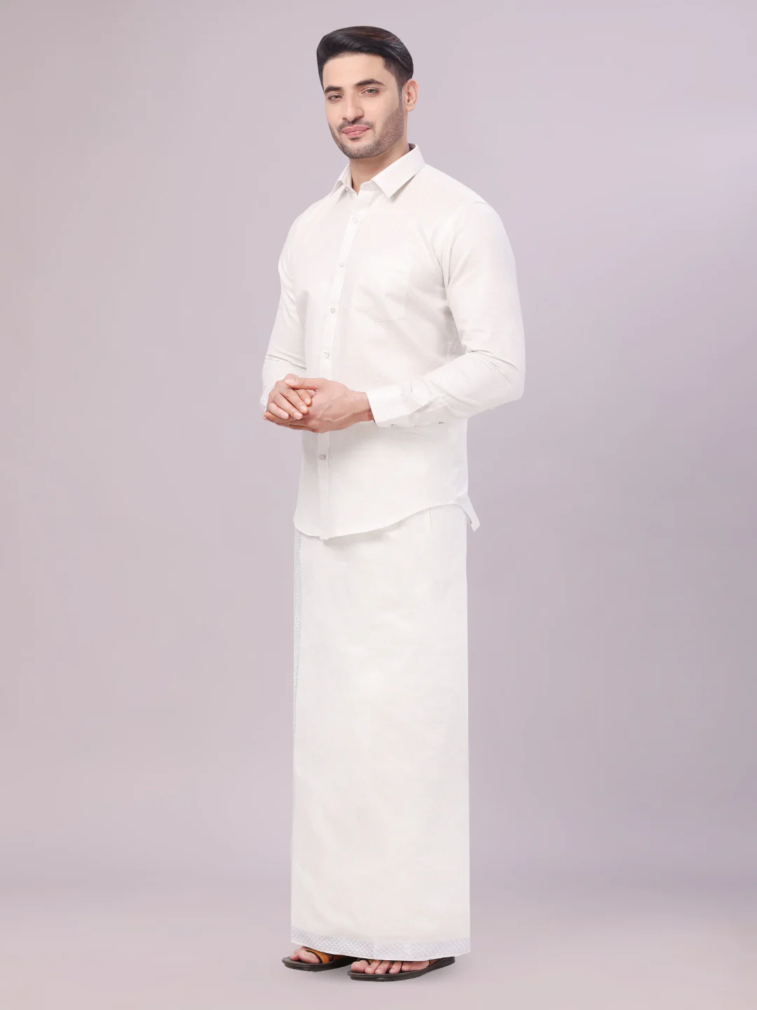 Men's Silver Color Jacquard Shirt with Matching Dhoti Combo Zeebra - Image 2