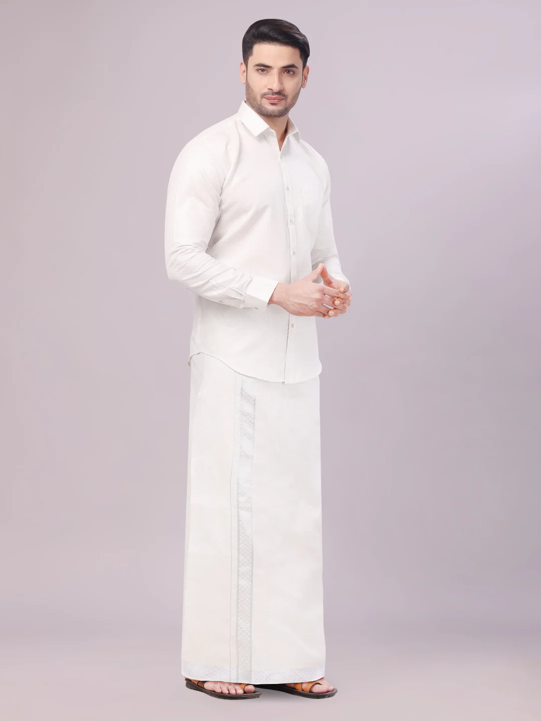 Men's Silver Colour Jacquard Shirt with Matching Flexi Dhoti Combo Zeebra - Image 3