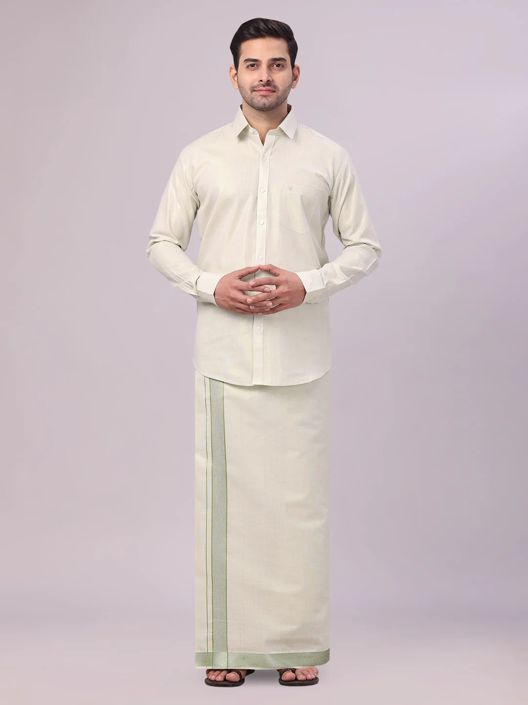 Men's Sky Green Tissue Shirt and Dhoti Set with Intricate Jacquard Border Plum