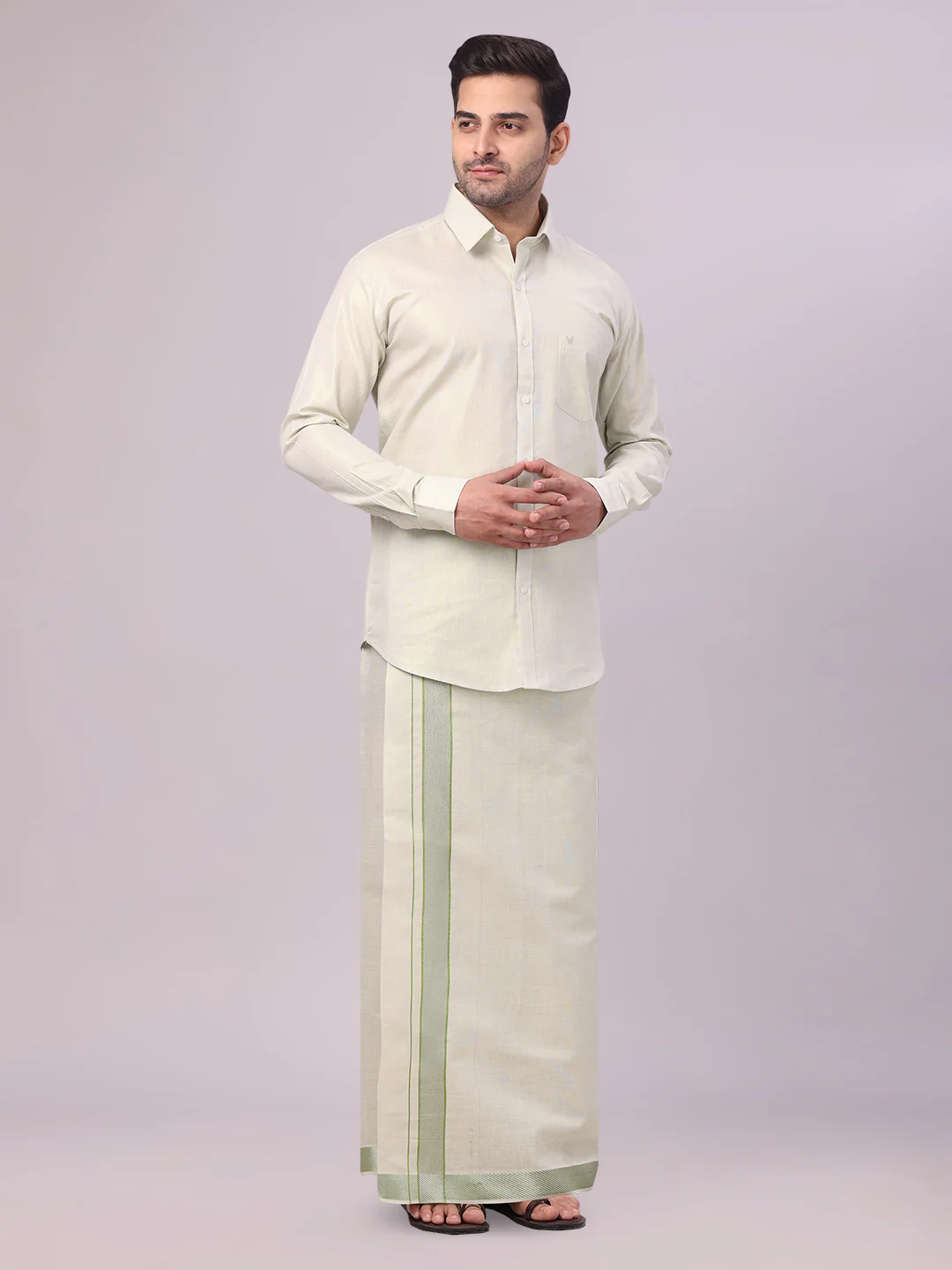 Men's Sky Green Tissue Shirt and Dhoti Set with Intricate Jacquard Border Plum - Image 3