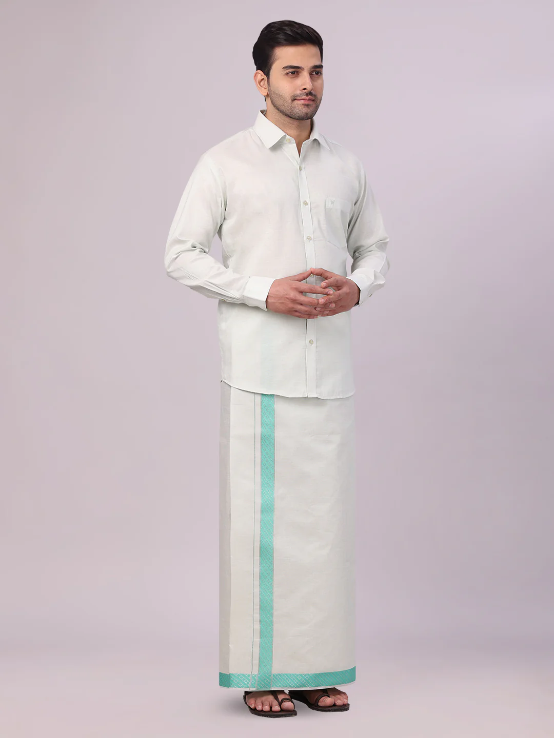 Men's Sky Green Tissue Stripe Shirt and Dhoti Combo with Jacquard Border Kane - Image 2