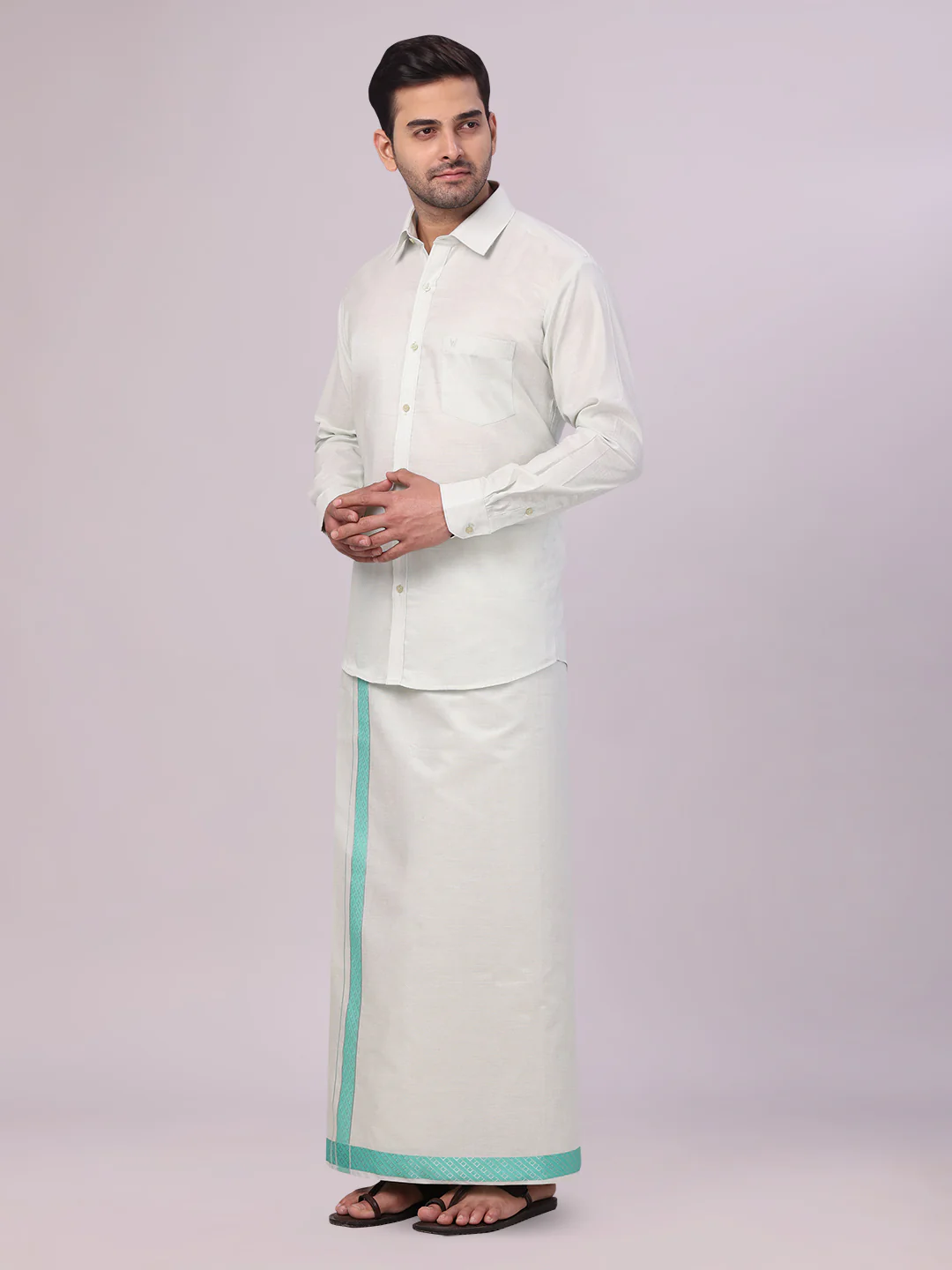 Men's Sky Green Tissue Stripe Shirt and Dhoti Combo with Jacquard Border Kane - Image 3