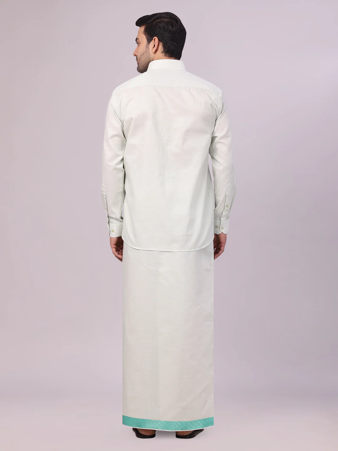 Men's Sky Green Tissue Stripe Shirt and Dhoti Combo with Jacquard Border Kane - Image 4