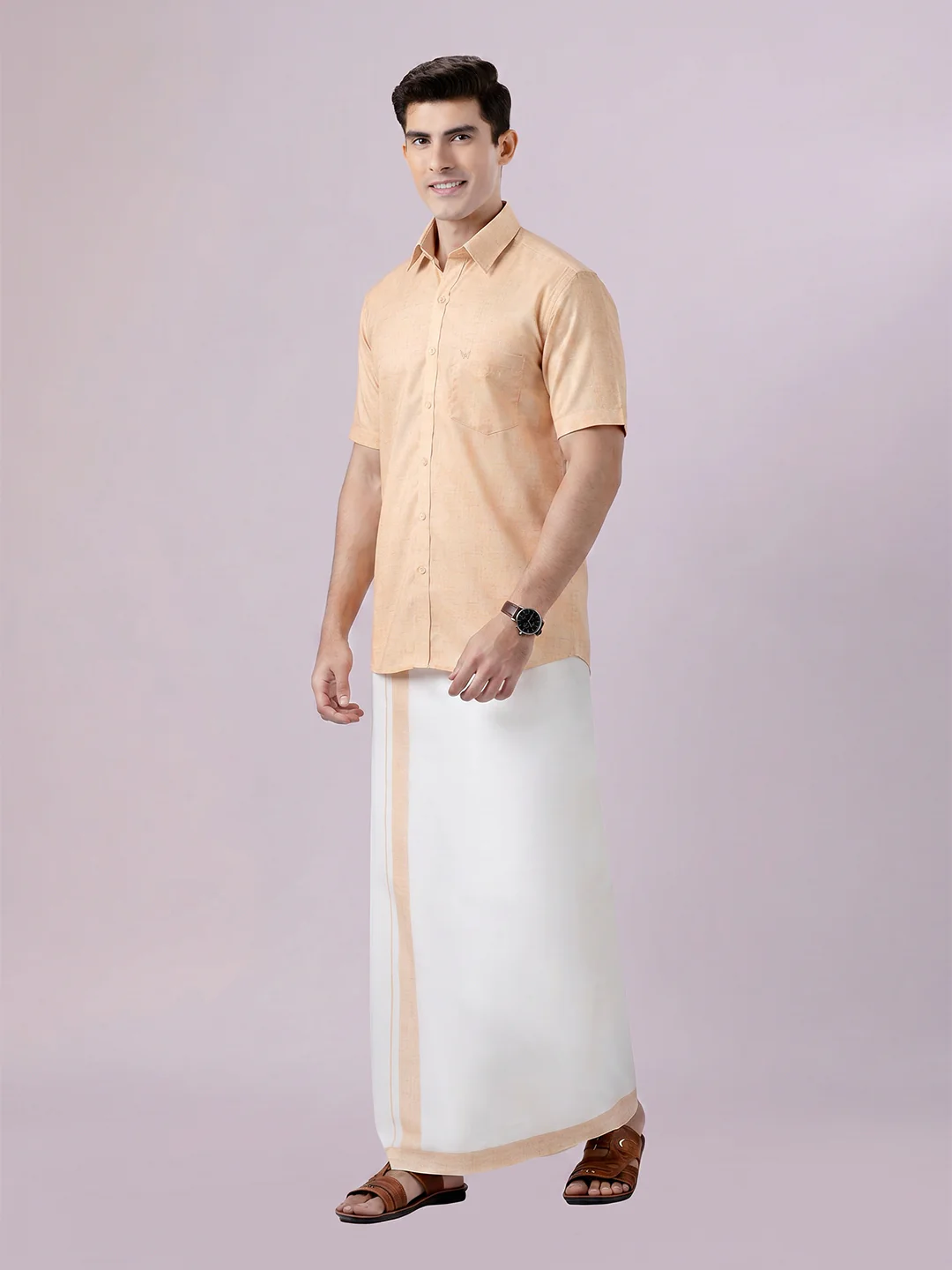 Men's Sun Gold Color Digital Printed Shirt with Matching Printed Border Dhoti Combo Varnam - Image 2