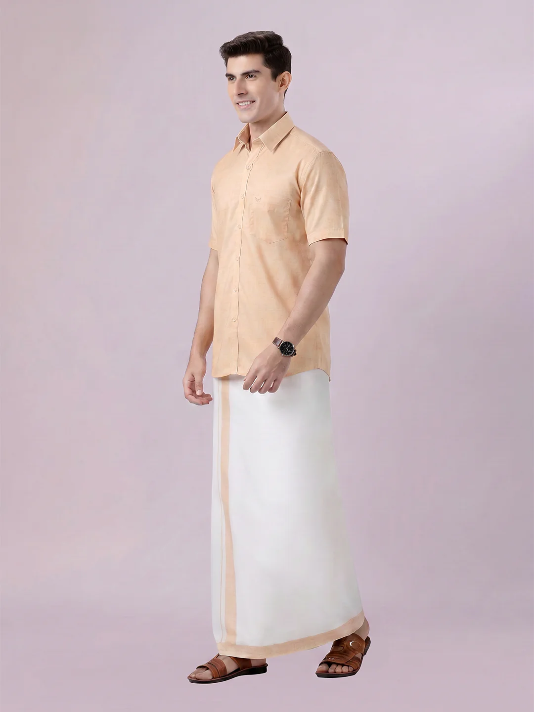 Men's Sun Gold Color Digital Printed Shirt with Matching Printed Border Dhoti Combo Varnam - Image 3