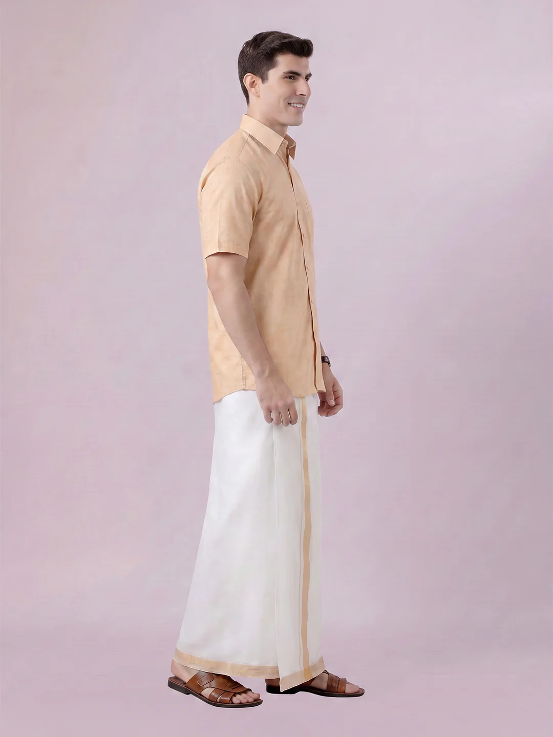 Men's Sun Gold Color Digital Printed Shirt with Matching Printed Border Dhoti Combo Varnam - Image 4