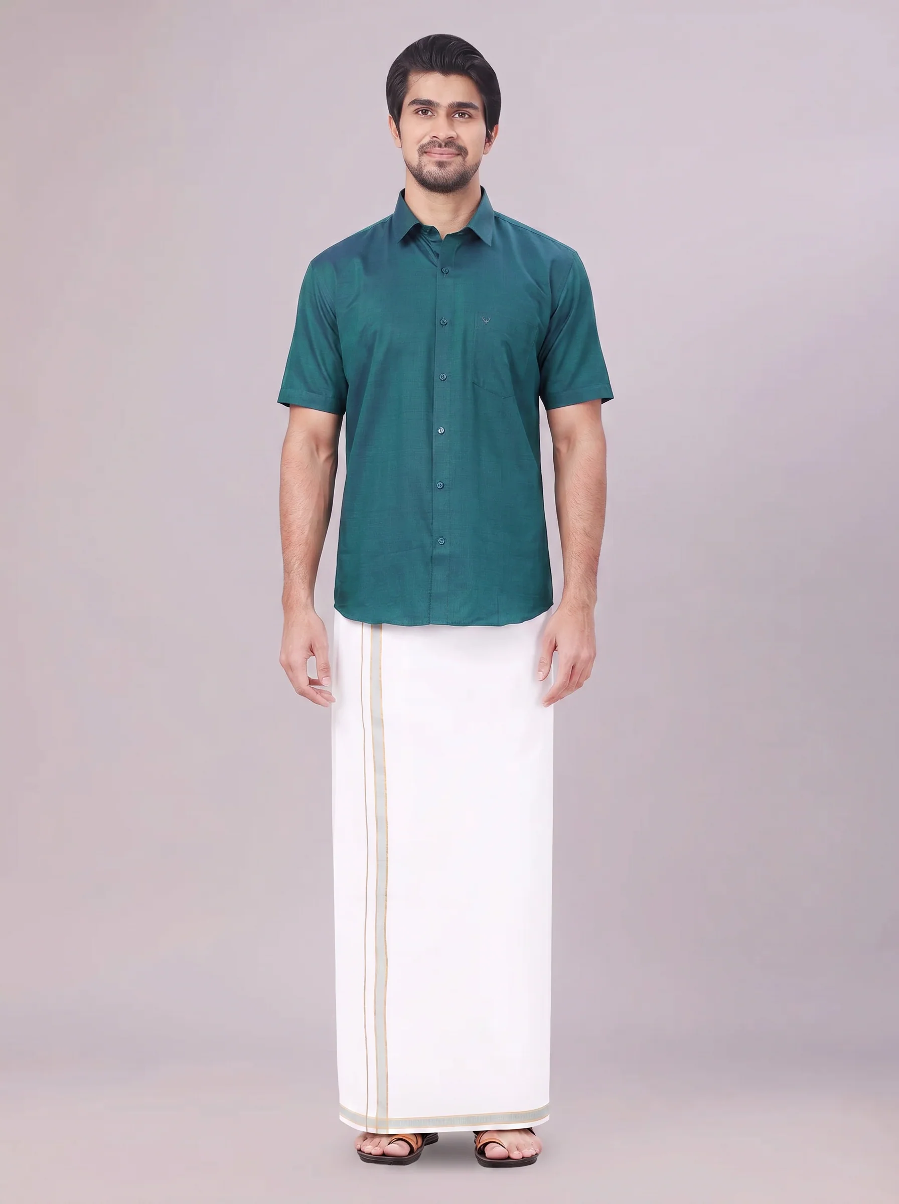 Men's Teal Green Shirt with Matching Border Dhoti Combo Pinto - Image 2