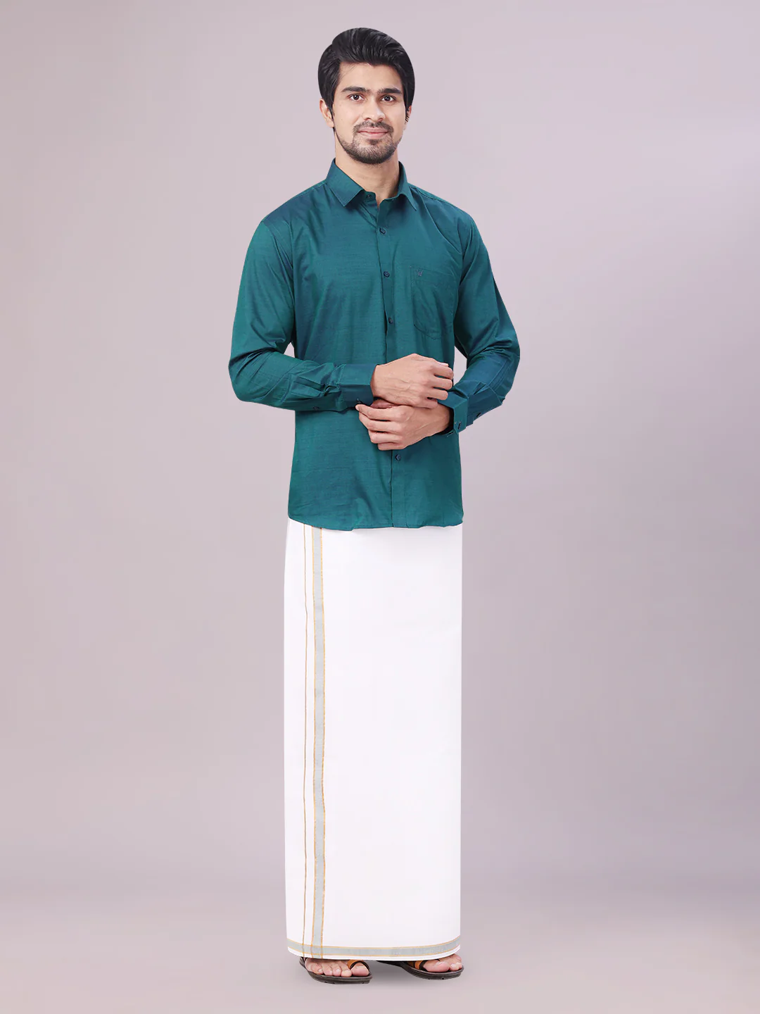 Men's Teal Green Shirt with Matching Border Dhoti Combo Pinto - Image 3