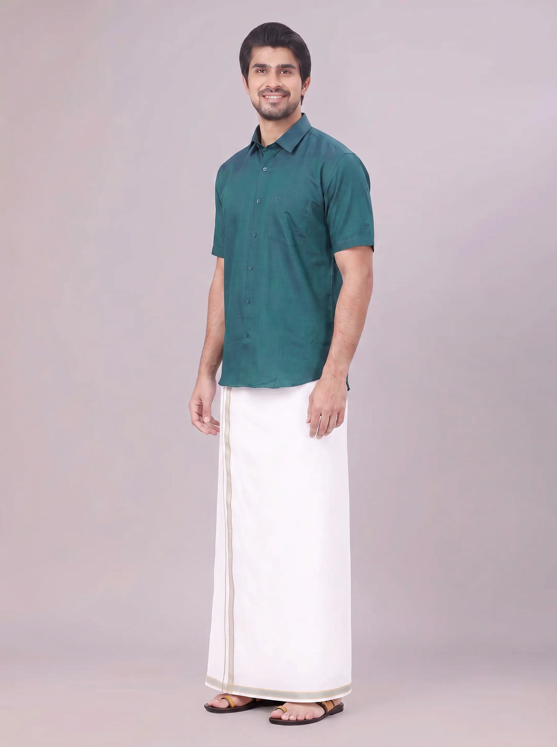Men's Teal Green Shirt with Matching Border Dhoti Combo Pinto - Image 4