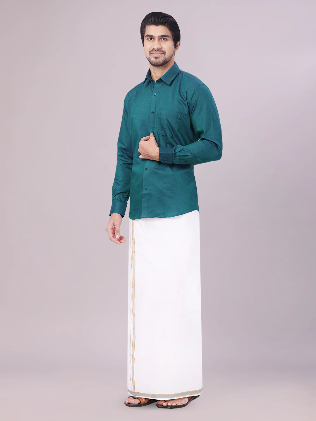 Men's Teal Green Shirt with Matching Border Dhoti Combo Pinto - Image 5