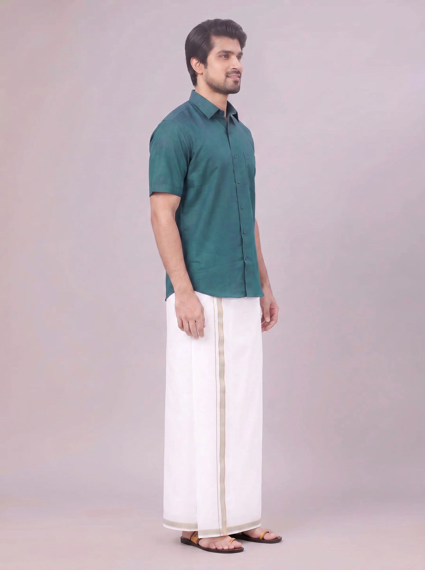 Men's Teal Green Shirt with Matching Border Dhoti Combo Pinto - Image 6