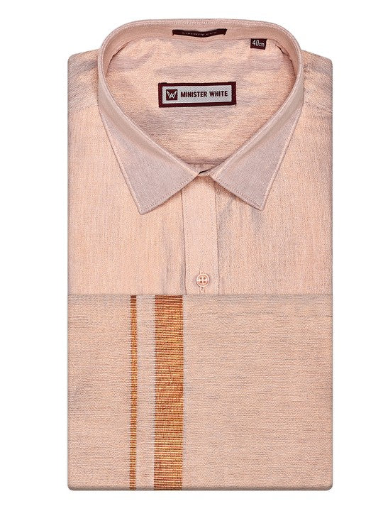 Men's Tissue Copper Shirt & Jari Border Dhoti Festive And Wedding Combo Monarch