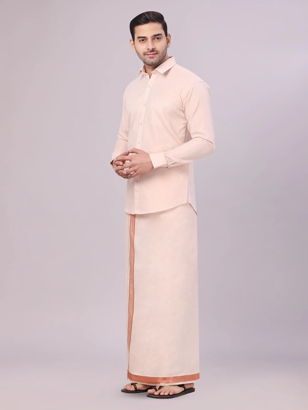 Men's Tissue Copper Shirt with Jacquard Fancy Border Dhoti Wedding Combo Nios - Image 3