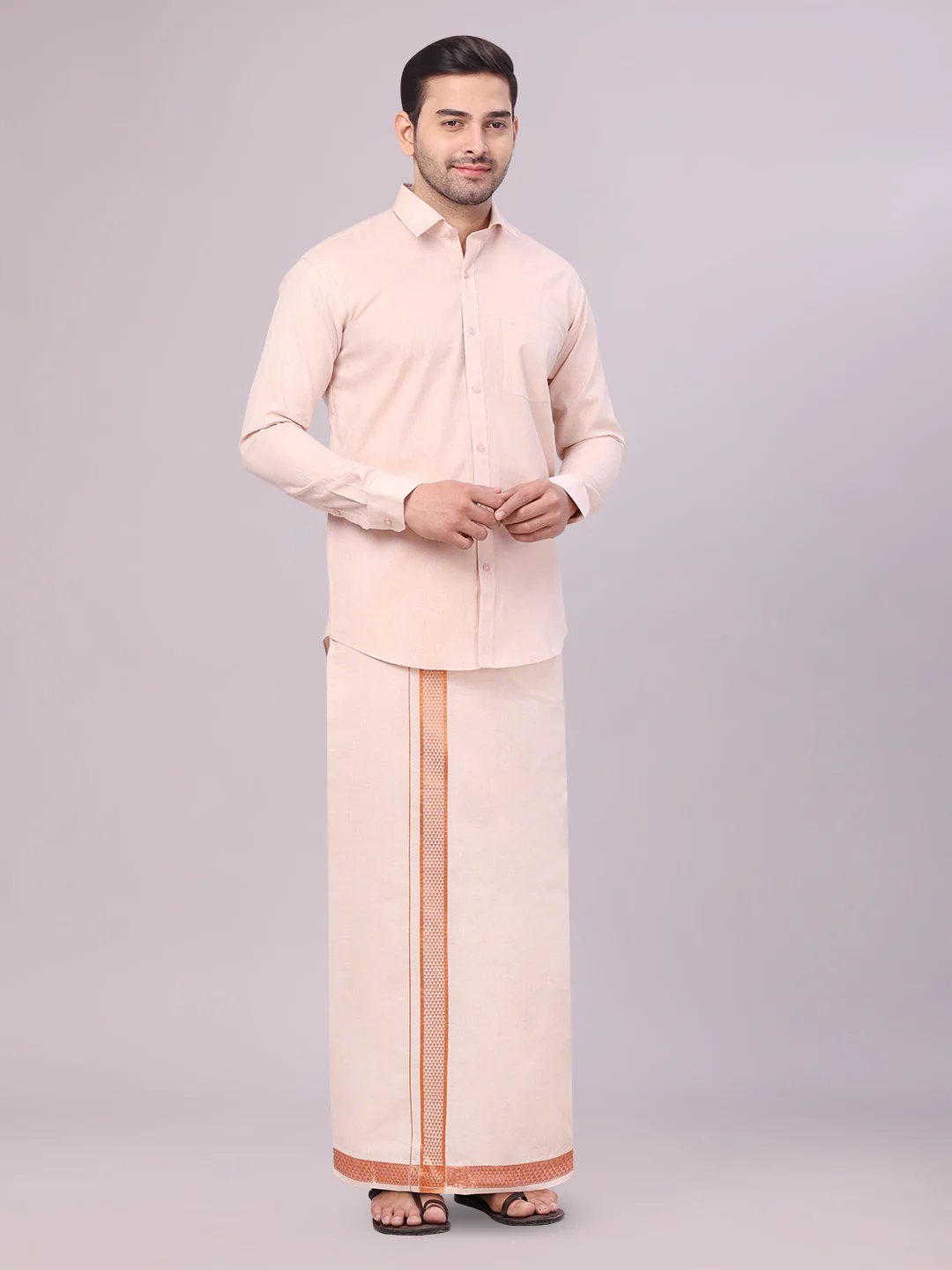 Men's Tissue Copper Shirt with Jacquard Fancy Border Flexi Dhoti Wedding Combo Nios - Image 3