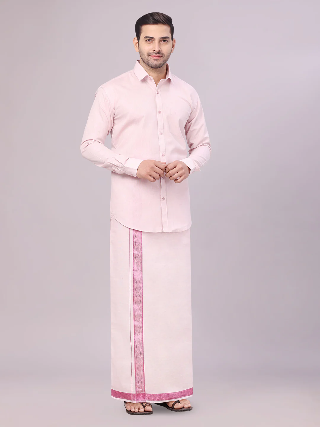 Men's Tissue Rose Shirt with Jacquard Fancy Border Flexi Dhoti Wedding Combo Nios - Image 3