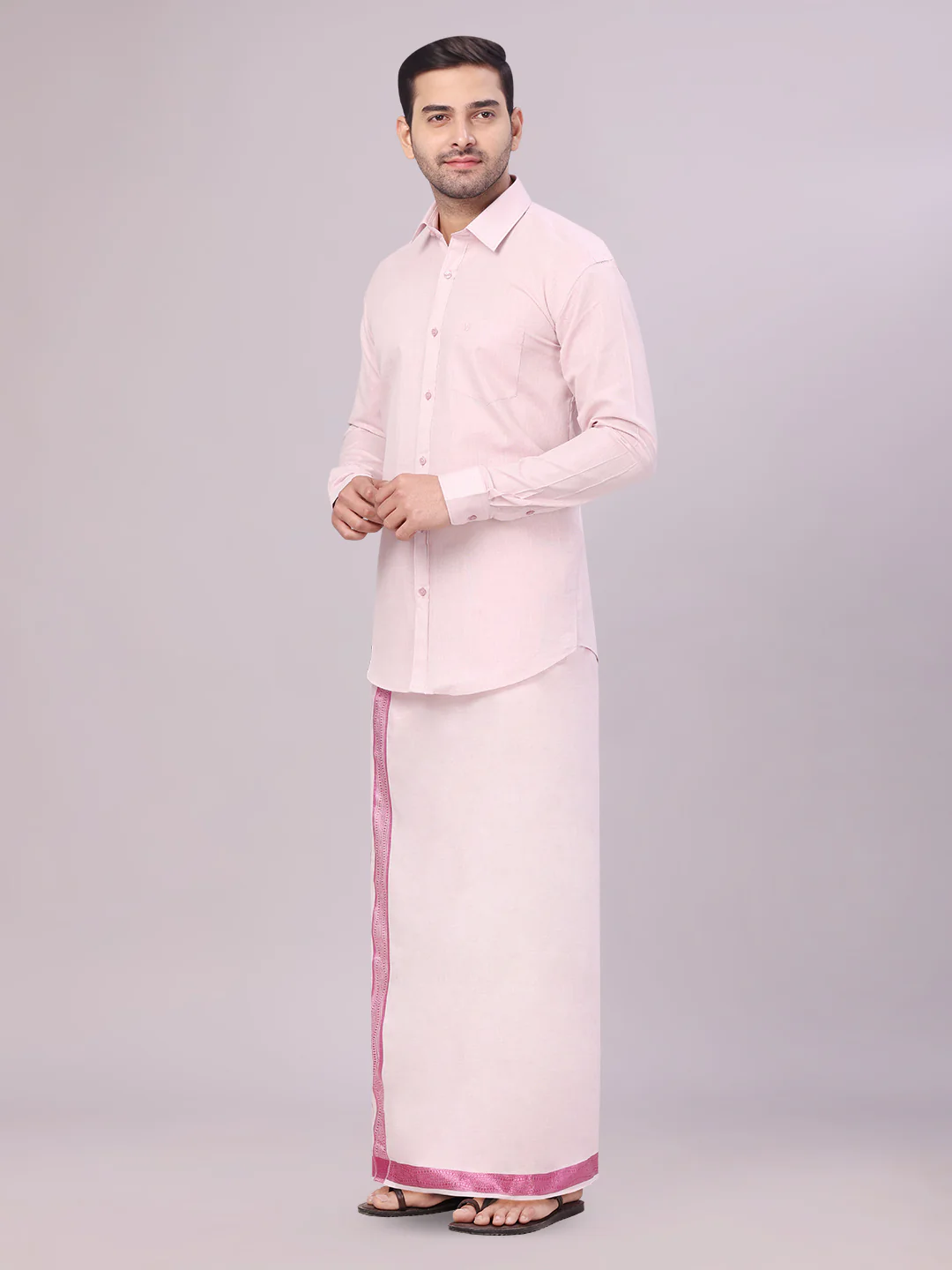 Men's Tissue Rose Shirt with Jacquard Fancy Border Flexi Dhoti Wedding Combo Nios - Image 4