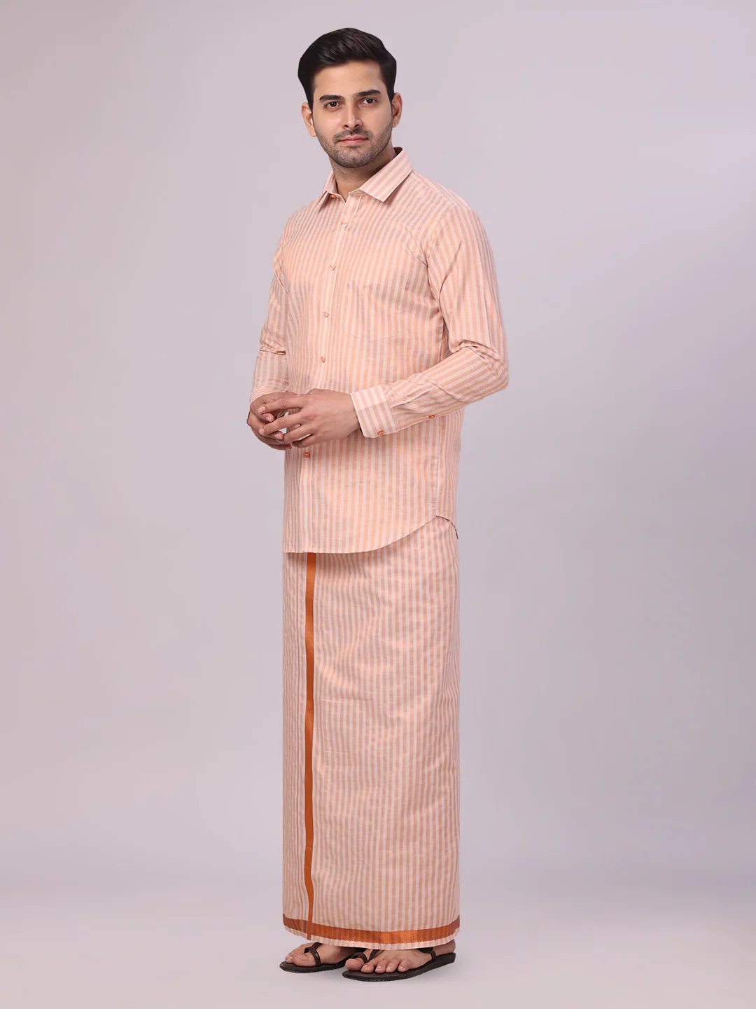 Men's Tissue Stripes Copper Shirt & Jari Border Dhoti Wedding Combo Finely - Image 2