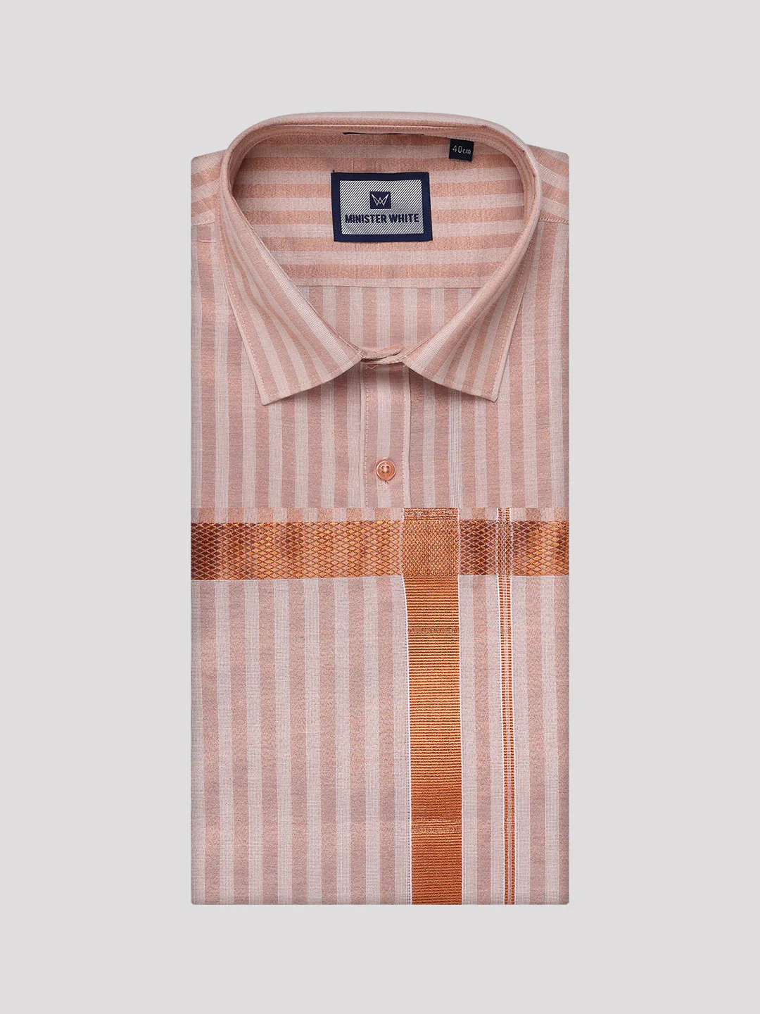 Men's Tissue Stripes Copper Shirt & Jari Border Dhoti Wedding Combo Finely - Image 4