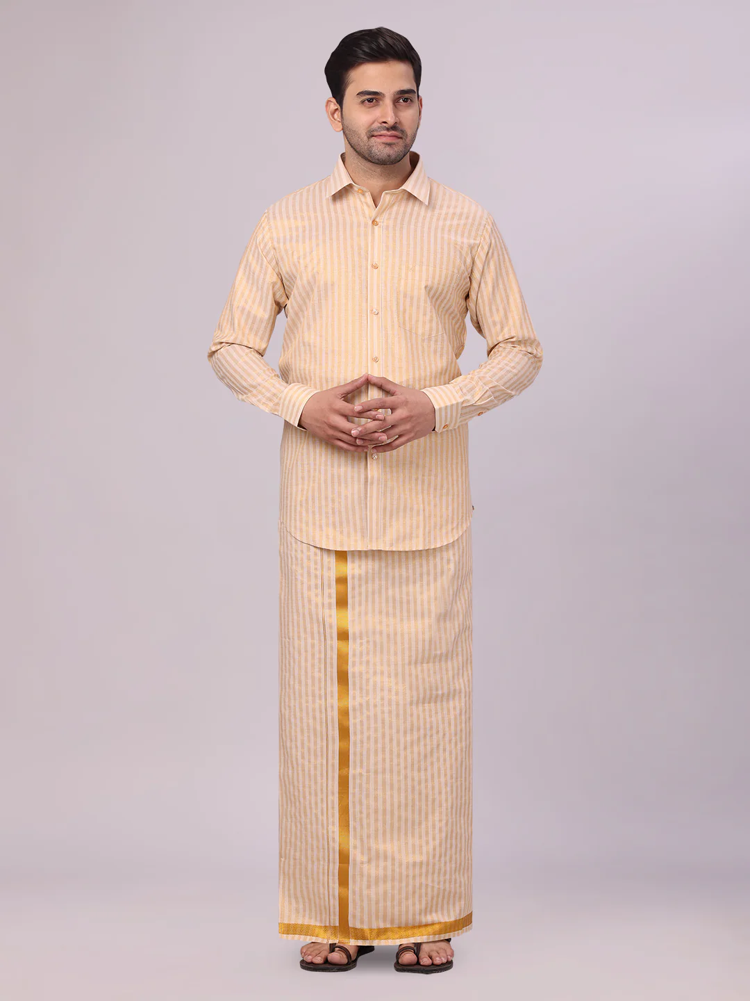 Men's Tissue Stripes Gold Shirt & Jari Border Dhoti Wedding Combo Finely