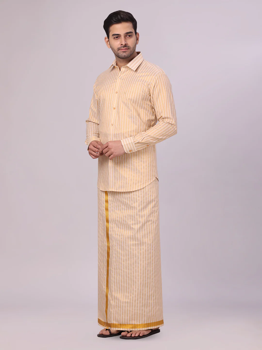 Men's Tissue Stripes Gold Shirt & Jari Border Dhoti Wedding Combo Finely - Image 2