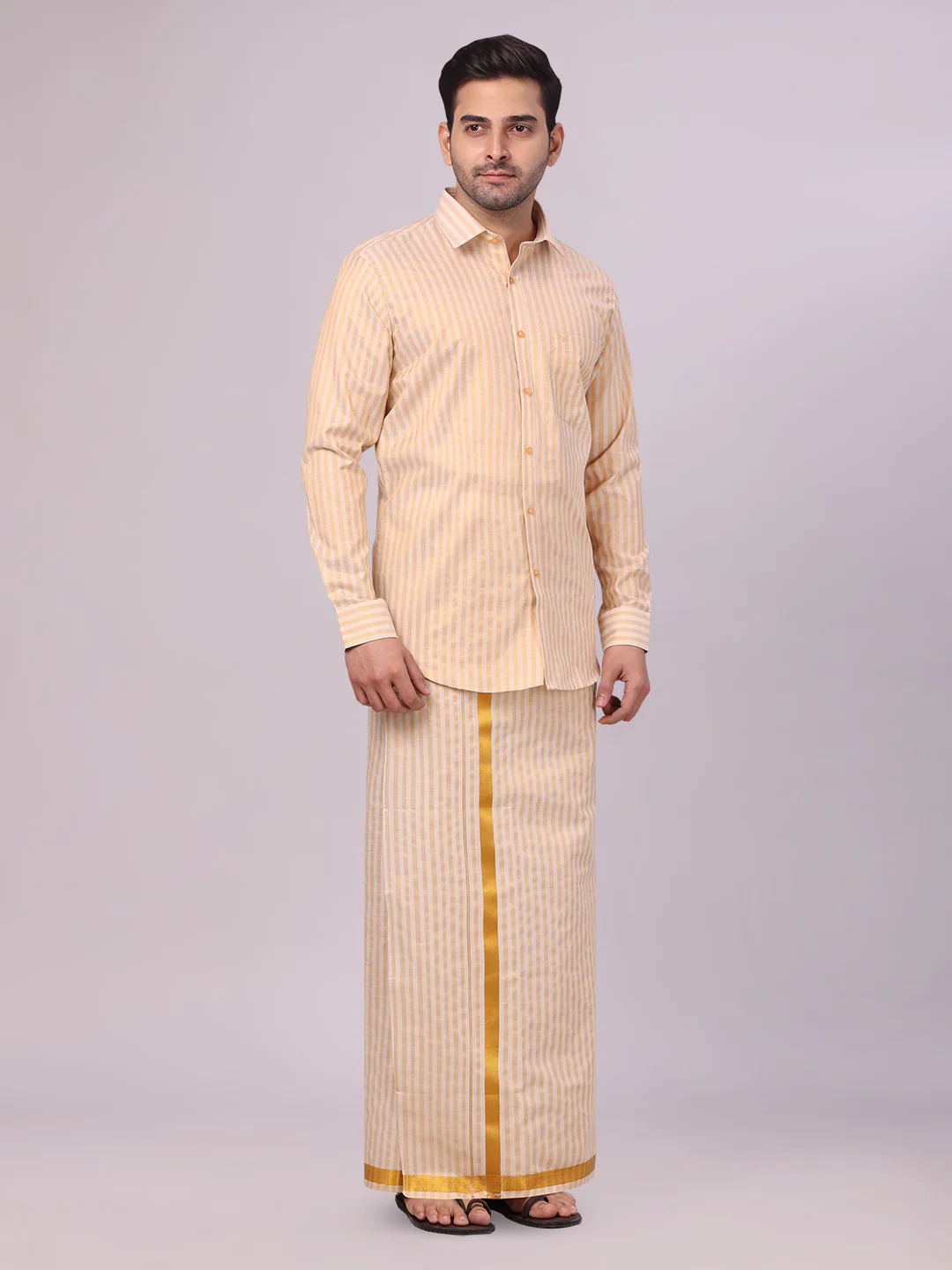 Men's Tissue Stripes Gold Shirt & Jari Border Dhoti Wedding Combo Finely - Image 3