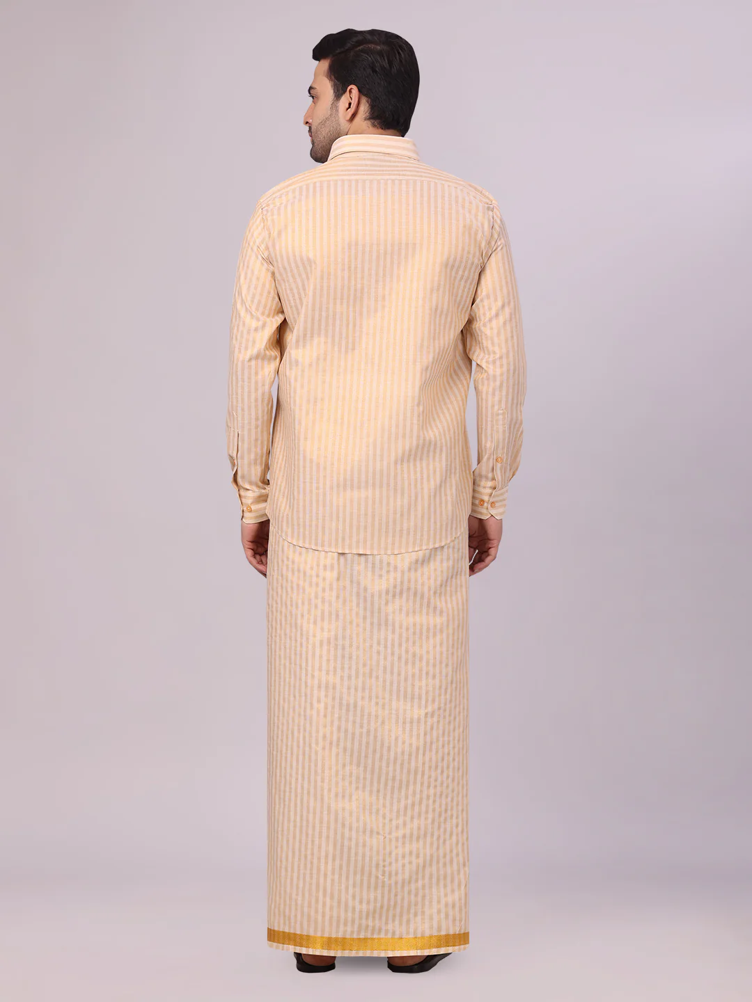 Men's Tissue Stripes Gold Shirt & Jari Border Dhoti Wedding Combo Finely - Image 4