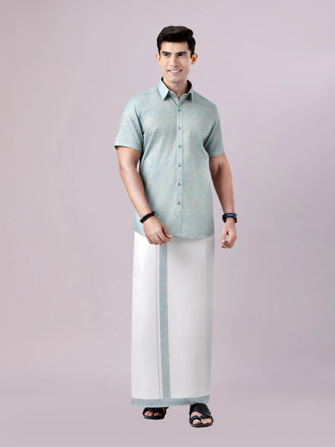 Men's Turquois Color Digital Printed Shirt with Matching Printed Border Dhoti Combo Varnam